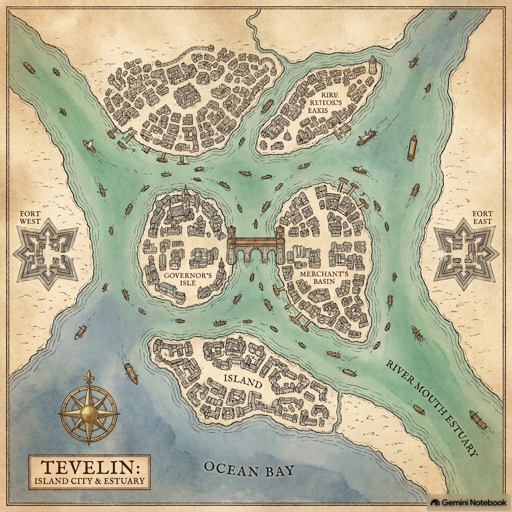 Ancient style map representing the port colony of Tevelin, a fantasy location.